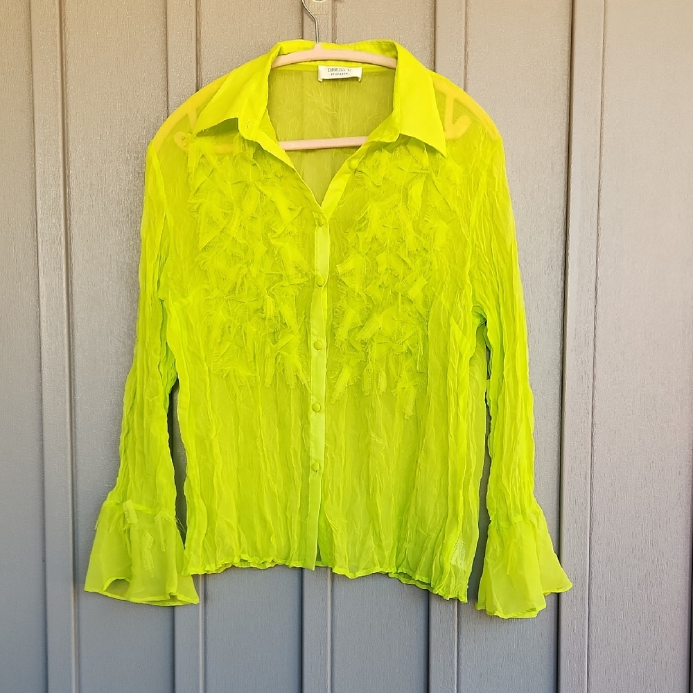 Sheer Ruffle Front Button-Down Blouse - Neon Yellow